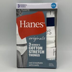 HANES Originals Women's Cotton Stretch Thongs Underwear Sz 9/2XL Navy/White 3 PK